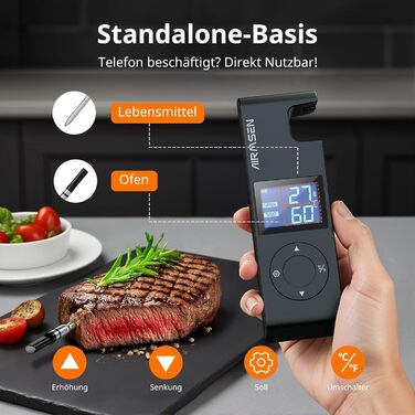 Бездротовий термометр для м'яса AIRMSEN з Bluetooth, 150м, LCD-дисплей, 1000mAh, для гриля, барбекю, копчення, чорний