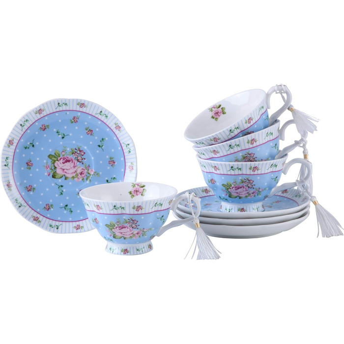 Чашка та блюдце з порцеляни Shabby Chic Vintage, з птахом, метеликом і квітами, подарункова коробка (рожево-блакитна)