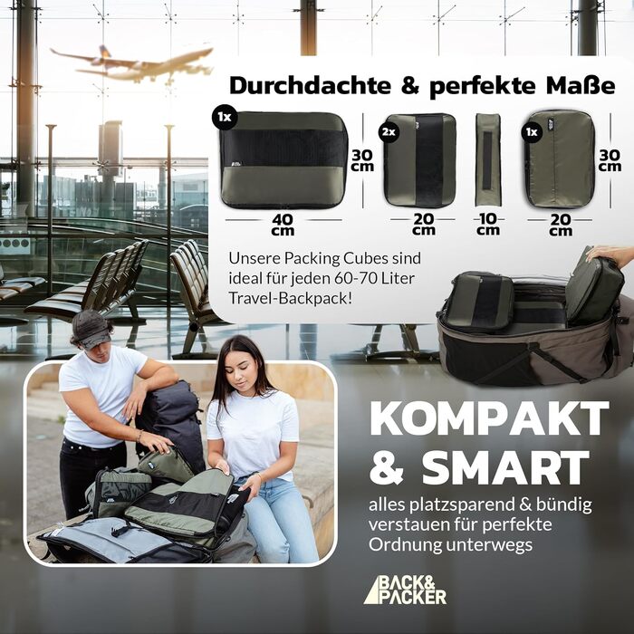 Набір компресійних органайзерів для одягу BACK&PACKER (6 предметів) — дорожні пакувальні куби з перероблених матеріалів для валізи та рюкзака, включаючи сумку для вологих речей (Оливковий)