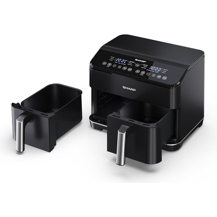 Аерофритюрниця SHARP AF-GD82AE-B з двома відсіками по 4 л, сенсорне керування, 12 програм, 1800 Вт, чорна, приготування без олії