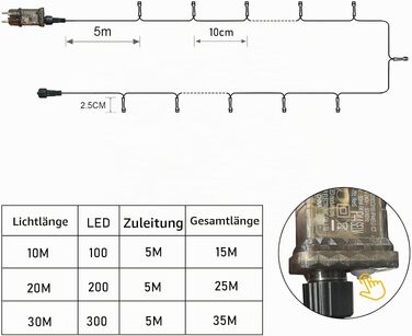 Світлодіодна гірлянда для ялинки 30м 300 LED, багатоколірна та тепла біла, 11 режимів роботи