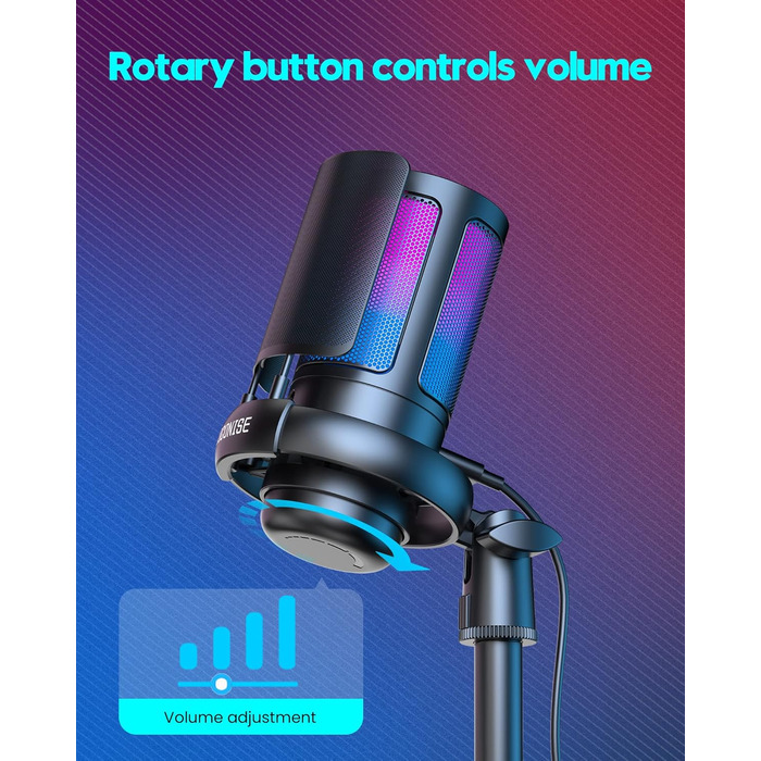 Ігровий мікрофон COCONISE RGB для ПК, стримінгу, подкастів, PS4, PS5, Mac. USB мікрофон з регулюванням гучності та 3.5 мм роз'ємом.