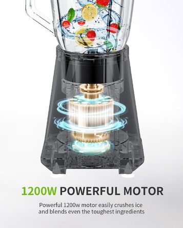 Блендер стаціонарний GDOR 1200W зі скляною чашею 1.5л та дорожнім стаканом 650мл для смузі, коктейлів, соусів