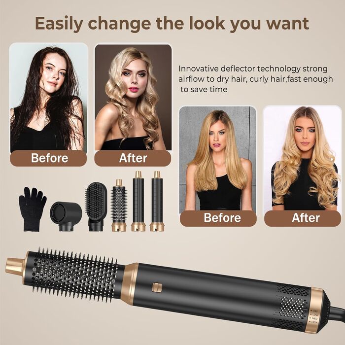 UKLISS Hairstyler 6 в 1: Професійний набір для укладки волосся (фен-щітка, плойка, випрямляч) 1000W, срібно-золотий
