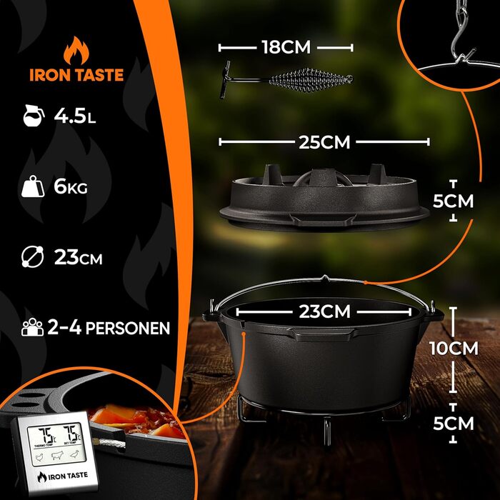 Набір чавунний казан Dutch Oven 4.5л з кришкою, підставкою та підйомником для кришки, підходить для 2-4 осіб