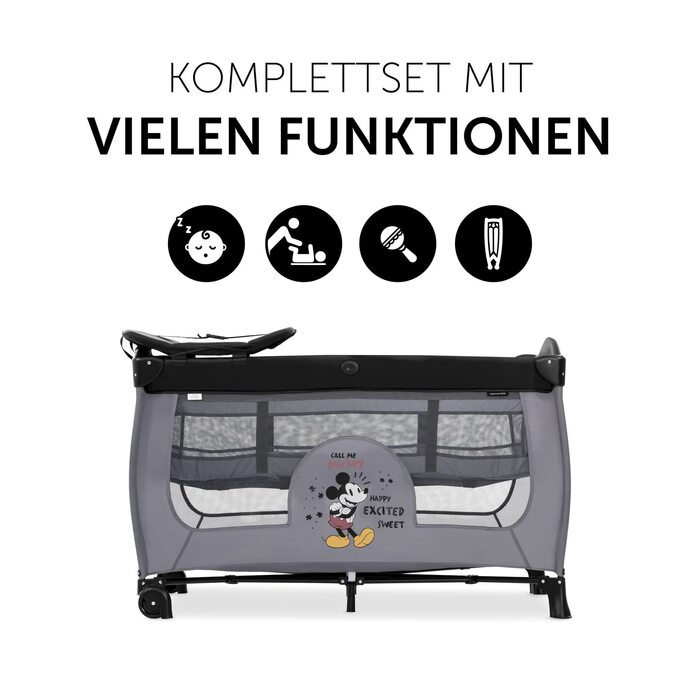 Дитяче дорожнє ліжечко Hauck Sleep N Play Center Disney Mickey Mouse Grey з люлькою для новонароджених, пеленальним столиком, сумкою для транспортування, колесами, боковим входом, компактно складається, для дітей від народження до 15 кг