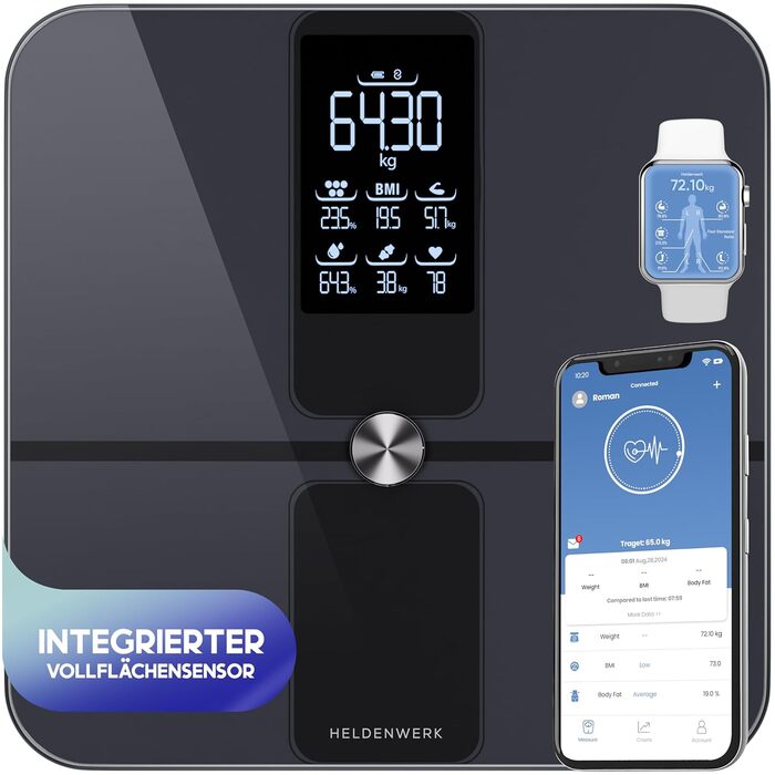 HELDENWERK Розумна вага-аналізатор тіла з Bluetooth, 180 кг, вимірювання жиру, ІМТ, м’язової маси, білка, BMR, з додатком, темно-синя (дизайн Elegance)