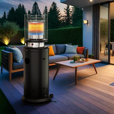 Газовий обігрівач для тераси TLSUNNY з захисною кришкою, на колесах, з піроелектричним запалом, чорний (Газовий балон не входить у комплект)