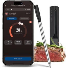 Термометр для м'яса COSORI Smart - бездротовий, Bluetooth, для фритюрниці, приготування на грилі та духовці, чорний