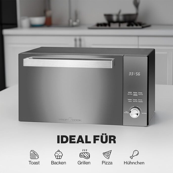 Мікрохвильова піч з грилем ProfiCook 23 л, 1000 Вт, без обертового столу, вертикальне відкривання, дзеркальні дверцята, чорна