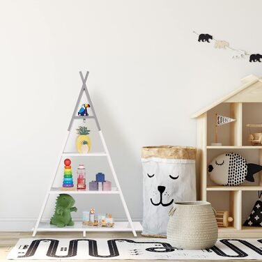 Дитяча полиця-стелаж Relaxdays Tipi, 4 секції, книжкова полиця для дитячої кімнати, 107x76x27 см, біло-сіра