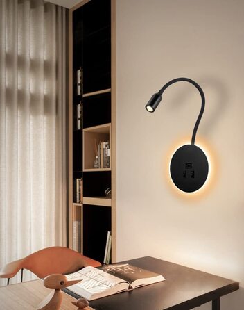 Світильник для читання Awekliy 3W+8W LED з гнучкою ніжкою, настінний, з USB-зарядкою, перемикачем, для спальні, ліжка, нічник, чорний, 3000K