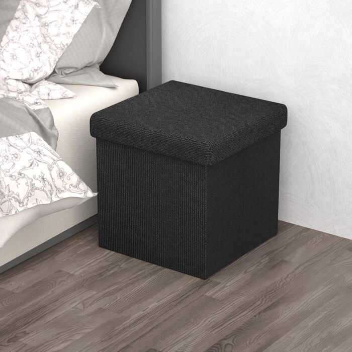 Складаний пуф INTIRILIFE 38x38x38 см, чорний, з кришкою та відсіком для зберігання, тканинний куб для сидіння та підставка для ніг