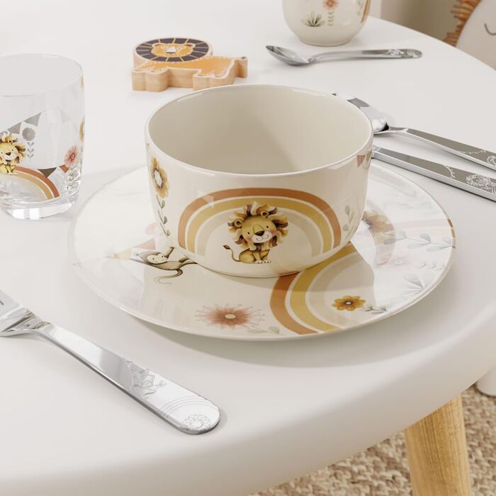 Дитячий посудовий набір Villeroy & Boch Boho Kids 'Roar like a lion' (7 предметів), з нержавіючою сталею, зорієнтований на дітей, з мотивом лева та мавпи, преміум-посуд, безпечний для миття в посудомийній машині та мікрохвильовій печі