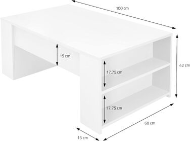 Стіл журнальний ML-Design білий 100x60x42 см, сучасний дерев'яний столик для вітальні з 2 боковими полицями, просторий кавовий стіл з місцем для зберігання