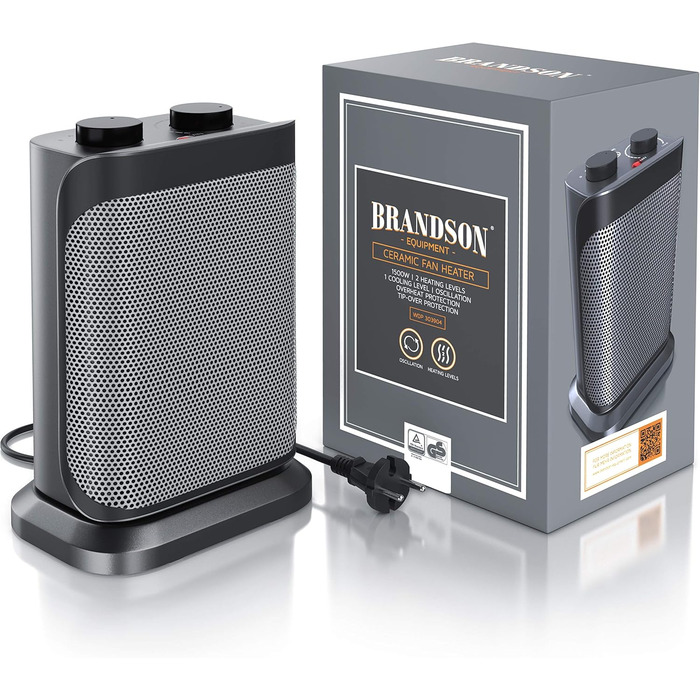Керамічний обігрівач Brandson для ванної, енергозберігаючий, безшумний, з терморегулятором і термозахистом, 2 режими потужності