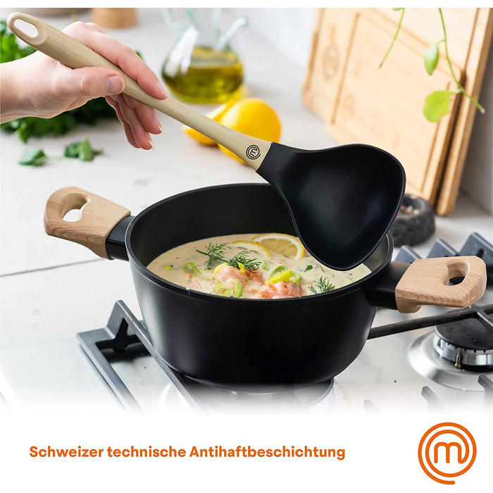 Каструля MasterChef з кришкою 20 см, алюмінієва, антипригарна, індукційна, з дерев'яною ручкою, універсальна для всіх плит, набір каструль і сковорідок, натуральна колекція