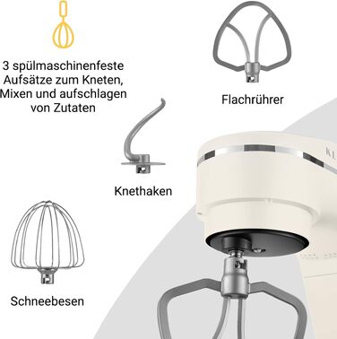 Планетарний міксер KLAMER 1800W для тіста з чашею 6л з нержавіючої сталі, 10 швидкостей, таймером та набором насадок (гак, вінчик, міксер), колір Premium Creme