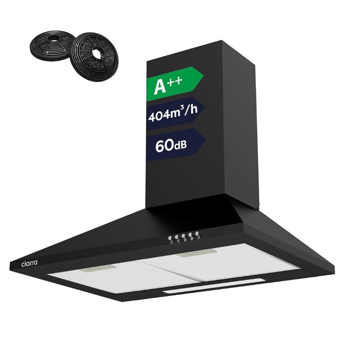 Витяжка кухонна CIARRA CBCB6201 чорна, пірамідальна, 60 см, 404 м³/год, A++, LED-підсвітка, з вугільним фільтром CBCF002X2, режим рециркуляції та відведення
