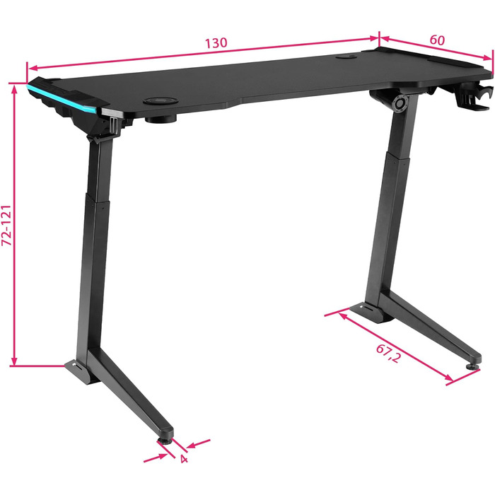 Ігровий стіл tectake 404317 з LED, регульований, 125x60 см, чорний, з тримачем для напоїв і гачком для навушників, комп'ютерний стіл у карбоновому стилі