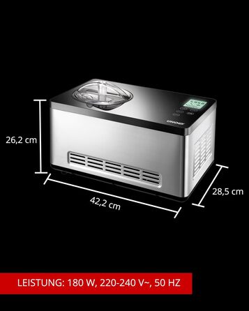 Морозивниця UNOLD 48845 Gusto з компресором, 2 л, 180 Вт, нержавіюча сталь, LCD-дисплей, таймер