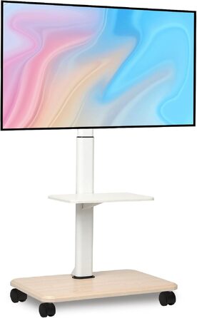 Мобільний ТВ-стіл Hellsehen для LED/LCD/OLED телевізорів 32-70 дюймів (до 45.4 кг), білий, з регулюванням висоти та блокованими колесами