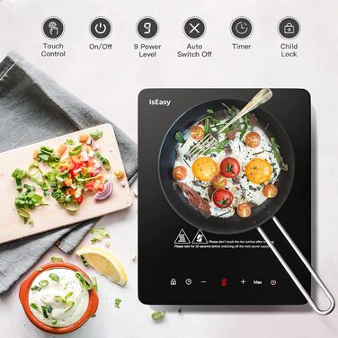 Індукційна плита IsEasy 2100 Вт, 28 см, портативна, 9 режимів нагріву, таймер 8 годин, сенсорне управління, Booster, чорна, 220-240В