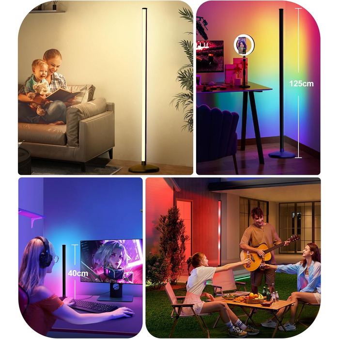 DeeprBling LED торшер для вітальні, диммований RGB світильник, керування пультом і додатком, 16 млн кольорів, музичні режими, таймер, EU-адаптер