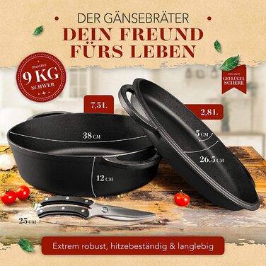 Гусятниця KRUSTENZAUBER 38 см з кришкою, чавун, для духовки, індукції, 9 кг, з ножицями для птиці – великий жаровий казан, жаровня, чавунна сковорода
