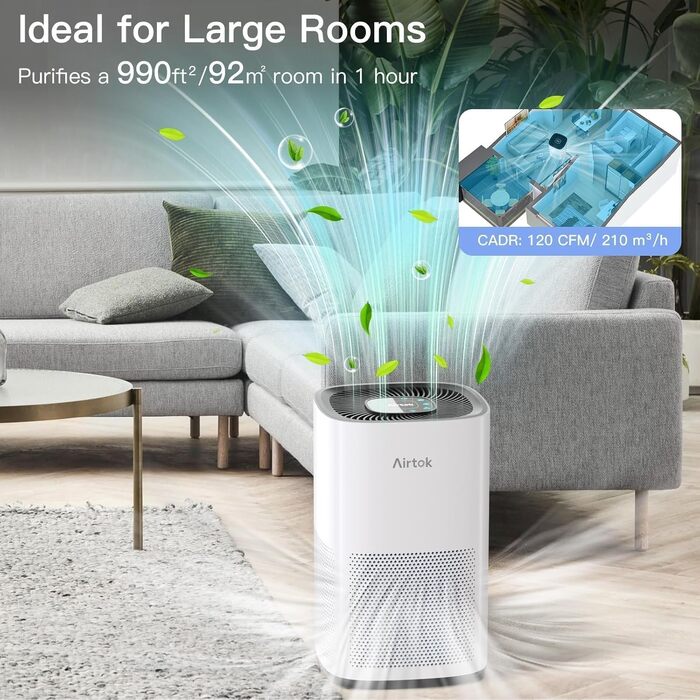Очищувач повітря AIRTOK AP1001 з HEPA H13 фільтром для приміщень до 92 м², від алергенів, пилу та запахів, з нічником, таймером та захистом від дітей, 24дБ, CADR 230 м³/год