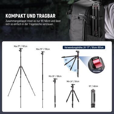 NEEWER штатив для камери 195,6 см з моноподом, тримачем для телефону, пультом, 360° кульовою головкою, алюмінієвий, для DSLR, до 15,4 кг, TP77