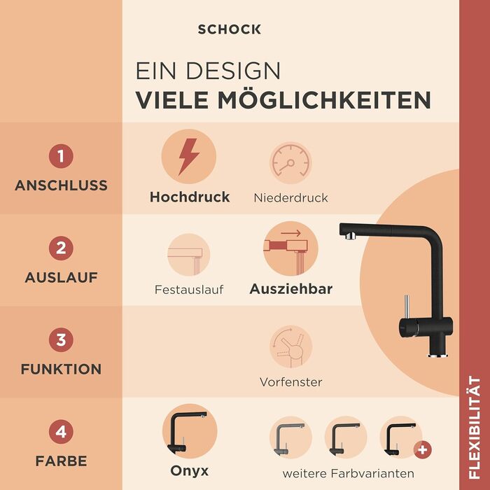 Змішувач кухонний SCHOCK Epos Onyx I чорний, високий, з висувним шлангом | сучасний дизайн, економія води, латунь