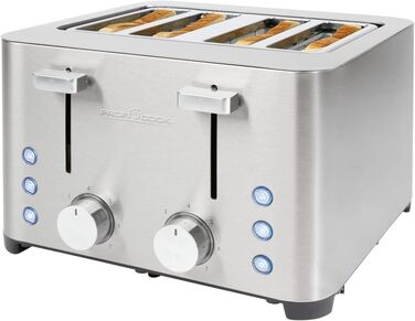 Тостер ProfiCook 4-слотовий, нержавіюча сталь, 1500 Вт, широкий слот, підставка для булочок, 7 режимів підсмажування, зйомна крихтова підставка, PC-TA 1252
