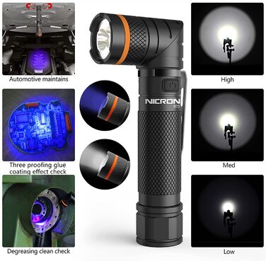 Ліхтарик NICRON B75 LED з УФ-світлом, акумуляторний, 1000 люмен, 395 нм, 2 в 1, поворотна голова 90°, водонепроникний, з магнітом, для вулиці, пошуку плям, детектор сечі та олії