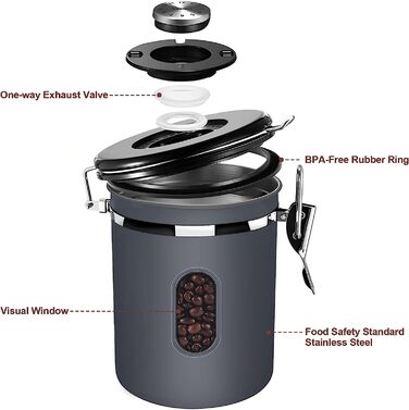 Контейнер для кави ROCKY&CHAO 2.8L з нержавіючої сталі, герметичний, з віконцем, для кавових зерен, чаю, горіхів, какао. Збереження свіжості