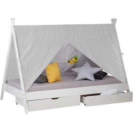 Дитяче ліжко Homestyle4u Tipi 90x200 см з ящиками, біле, з наметом, зірки, з дерева (сосна)