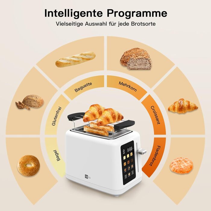 Тостер aeco toastlab Elite на 2 тости, з підставкою для булочок, широкі слоти, 6 рівнів підсмажування, 10 програм, 850W, LCD-дисплей, функція підйому, розморожування, піддон для крихт (MAX)