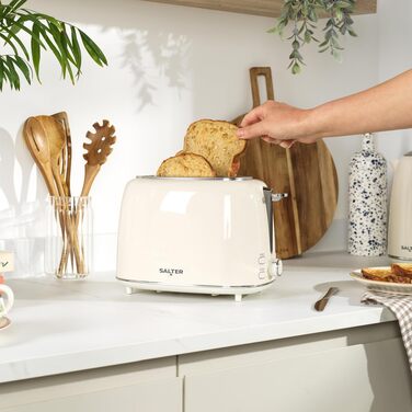 Тостер Salter Retro Creme на 2 тости - 7 режимів підсмажування, розморожування, підігрів, зупинка, підйом тостів, знімний піддон для крихт, автоматичне центрування, тримач для булочок, захист від застрягання, 930 Вт