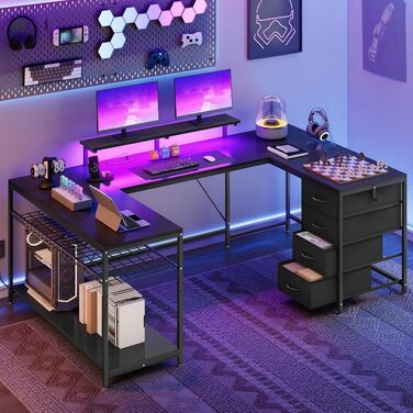 Кутовий письмовий стіл YITAHOME з 4 шухлядами, LED-підсвіткою та USB, 158x100 см - для геймінгу та домашнього офісу, чорний