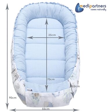 Дитяче гніздо-лежак Medi Partners з бавовни Waffle, 100x60x15 см, для немовлят, з принтом оленя та їжака, світло-блакитне, безпечний замок, переносне ліжечко