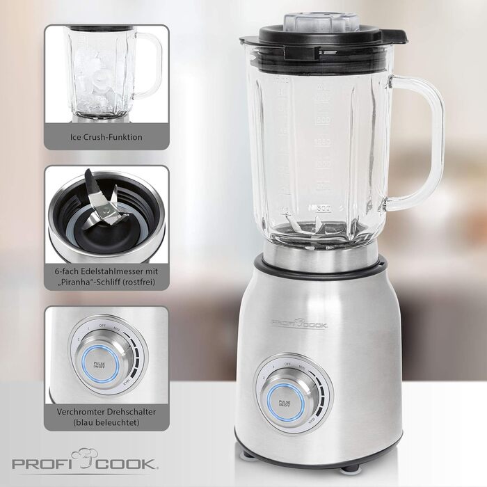 Потужний блендер Profi Cook PC-UM 1207, 1,75 л, скляна чаша, 6-лезовий ніж, турбо-режим, універсальний, нержавійка