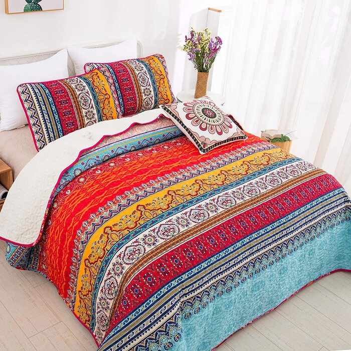 Постільна покривало WONGS BEDDING Boho 3-предметний комплект (220x240 см) з 2 наволочками 50x70 см, стібана ковдра з мікрофібри для спальні та дивана, Беміс