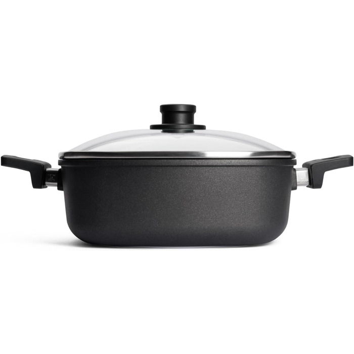 Каструля квадратна Woll Nowo Titanium 28x28 см з кришкою, 6 л, алюмінієва, для газових, електричних, склокерамічних, галогенових плит, не для індукції, з двома ручками, жаростійка
