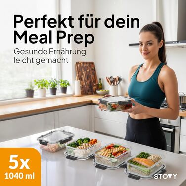 Набір скляних контейнерів для їжі STOVY Meal Prep з кришками, 5 шт по 1040 мл
