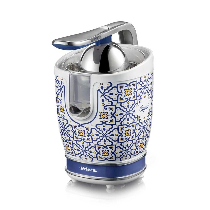 Citrus-прес електричний Ariete 413 Positano з металевим корпусом, 2 насадки, захист від крапель, синій/білий