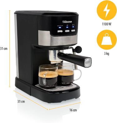 Кавомашина Tristar CM-2278 еспресо, 2 чашки, для капсул Nespresso та меленої кави, підігрів чашок, 20 бар, 1100 Вт