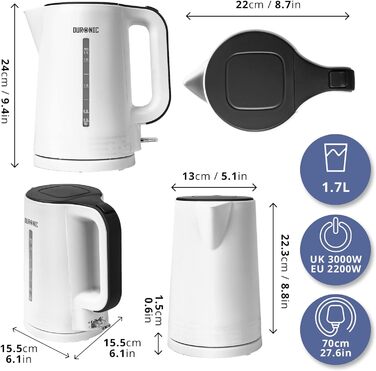 Електрочайник Duronic EK17 WE, 1,7 л, 2200 Вт, швидке кип'ятіння, бездротовий, авто-вимкнення, білий