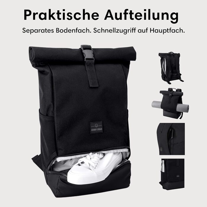 Рюкзак Johnny Urban Allen Medium чорний, водовідштовхувальний, 15л, rolltop, з відділенням для ноутбука, для університету, велосипеду, бізнесу, унісекс, екологічний