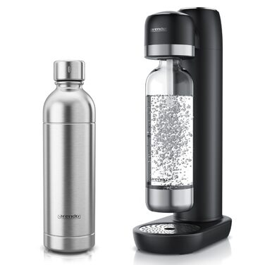 Сифон для газування води Arendo Soda Maker: набір з пляшкою 1000 мл (BPA-free) та сталевою пляшкою 1000 мл, сумісність з 60 л CO2 циліндрами, чорний