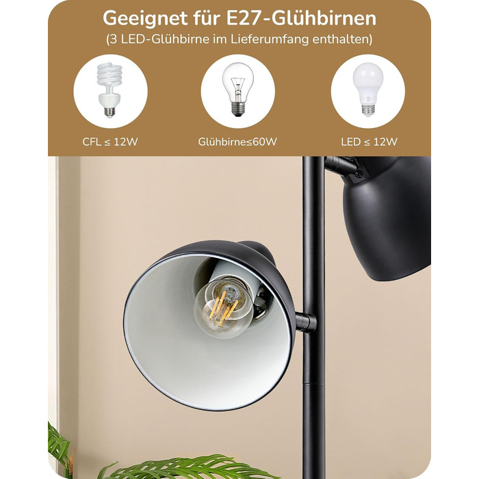 Торшер EDISHINE 163 см, 3 лампи, чорний, з LED-лампою E27, регульований, вінтажний, для вітальні, спальні, офісу, з індивідуальними вимикачами, сучасний дизайн, лампа у комплекті